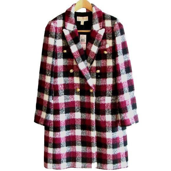 Women's Coats Designer Michael Kors Burgundy Plaid Wool Coat Size 10.R - Picture 1 of 10